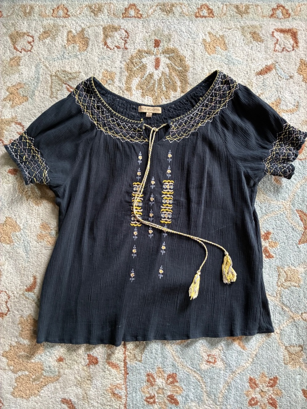 Cotton On Black Embroidered Peasant Blouse with goldenTassels